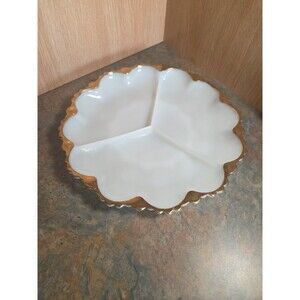 Vintage Anchor Hocking Fire King Milk Glass 3-Part Divided Relish Dish Gold Trim